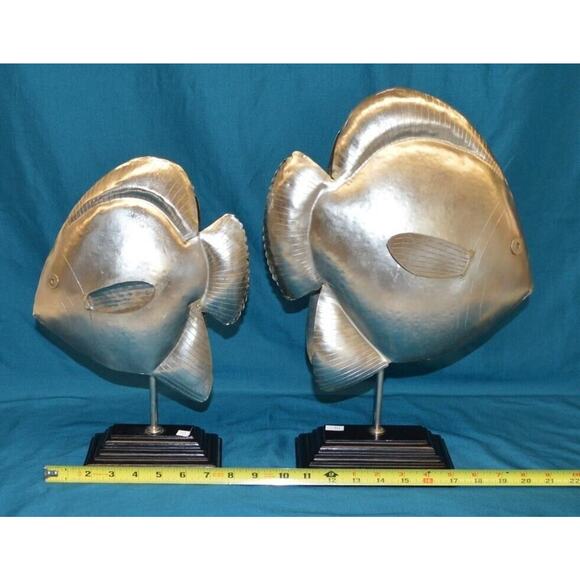 2 Pc Metal /Wood Fish Decor Large Modern Bookshelf Decor Beach Silver Nautical - Picture 7 of 7